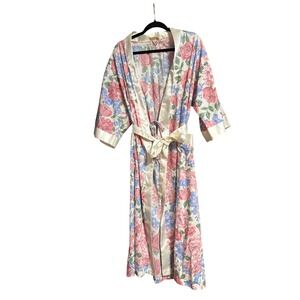 Vintage Floral Robe Satin‎ Trimmed Loungewear Belted Pockets Women's Large L